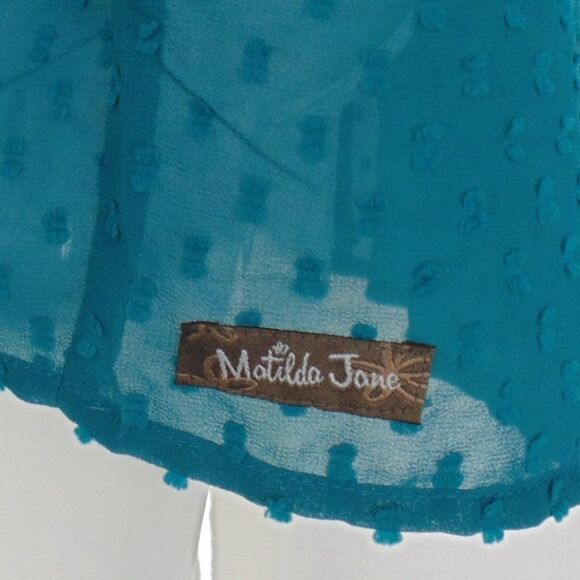 MATILDA JANE Tunic, L, Teal, Swiss Dots, Eyelet Yoke, Long sleeves, Tie neck - Picture 8 of 15